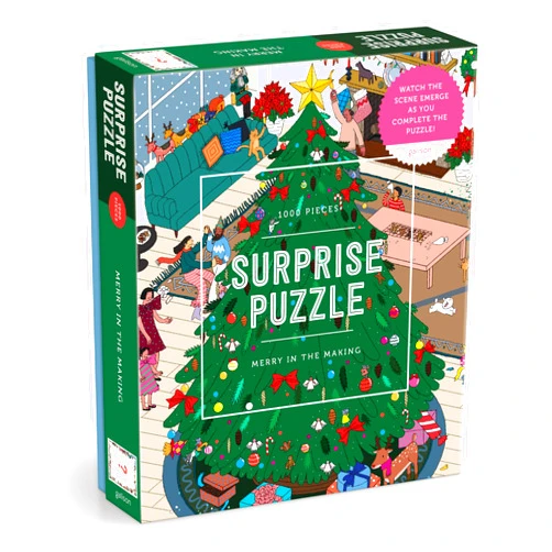 Galison Merry in The Making – 1000 Piece Surprise Jigsaw Puzzle Featuring A Holiday Party Surprise Illustration