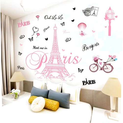 Datesno Pink Paris Tower Wall Stickers Bicycle Hot Air Balloon Eiffel Tower Wall Decals Peel and Stick Paris Tower Wall Decor Wall Art Sticker for Bedroom Living Room Sofa Backdrop TV
