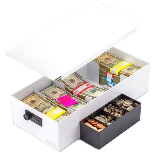 Volcora Cash Box Money Organizer - 15” x 7.5” x 4” Cashbox 5 Compartments Drawer Tray - Bills and Coin Slot with Combination Lock for POS Register, Kiosk, Retail, Personal and Business Use, White