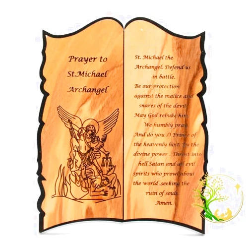 PHLG Saint Michael the Archangel Wooden Plaque丨wall Hanging St. Michael Prayer Wood Catholic Icon | Olive Wood Saint Michael Religious Gift