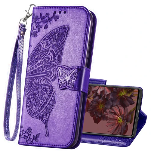 HAOTP Wallet Case for Google Pixel 7,PU Leather Wallet Flip Protective Phone Case Wrist Strap Card Slots Holder Pocket Emboss Butterfly Flower Stand Case for Google Pixel 7 Purple
