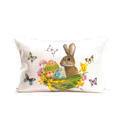 Tlovudori Happy Easter Rabbit Bunny Throw Pillow Covers Colorful Easter Eggs Nest Flowers Butterfly Pillowcase Cotton Linen Pillow Cushion Cover Decorative Home Sofa Couch 12x20Inch (HE-Nest, 12