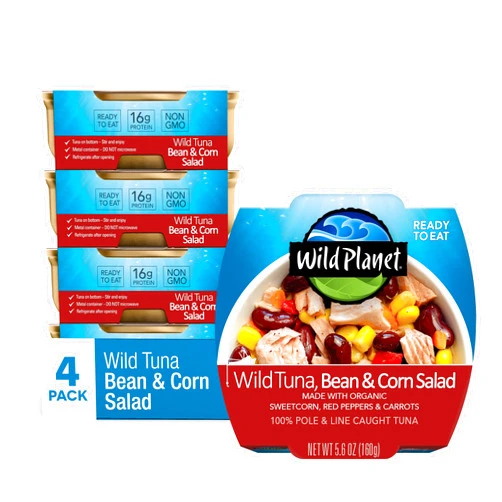 Wild Planet Ready-to-Eat Wild Tuna, Bean & Corn Salad with Organic Sweetcorn, Red Peppers and Carrots, Tuna Salad, 5.6oz, Pack of 4