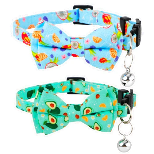 PEUTIER 2pcs Summer Cat Collars, Cute Fruit Theme Cat Collar with Bowtie & Bell Adjustable Soft Cat Bow Tie Collar with Dragon Fruit Avocado Pattern for Girls Boys Kitten (Blue, Green)