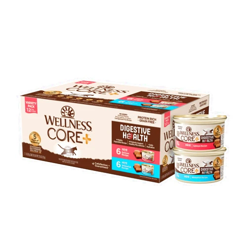 Wellness CORE+ Digestive Health Grain-Free Natural Wet Cat Food, Sensitive Stomach, Easily Digestible (Salmon/Whitefish Variety Pack, 3 Ounce Can, 12 Pack)