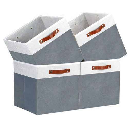Temary Cube Storage Bins 4Pack Foldable Cube Baskets for Clothes Shelf Storage Basket with Handles, Storage Box Fabric Storage Organizer Bins for Home (White&Grey, 13x15x13 Inch)