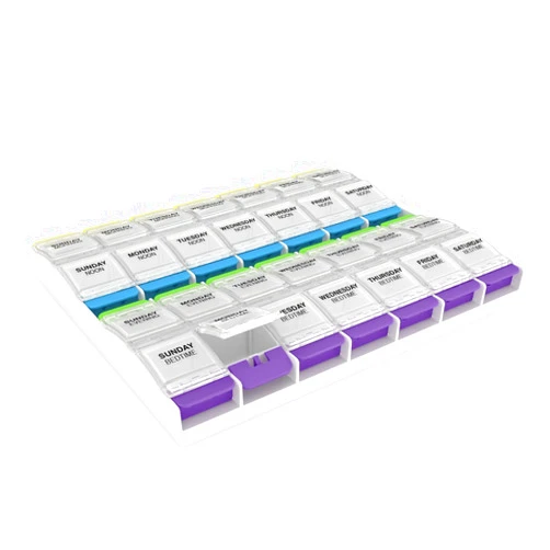 Ezy Dose Weekly (7-Day) Pill Organizer, Vitamin and Medicine Box, 2X-Large Push Button Compartments, 4 Times a Day, Clear Lids