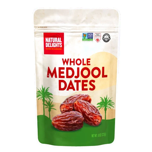 Natural Delights Medjool Dates – Large & Plump Non-GMO Verified, Good Source of Fiber, Naturally Sweet Fruit Snack, Perfect for On-the-Go - Medjool Dates Whole, 8 oz Container