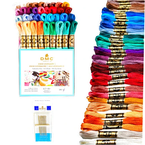 Charming Melodie DMC Embroidery Floss, Anniversary Collection Pack. 36 Colors Cotton Embroidery Thread Bundle with Hand Embroidery Needle Size 18. Premium Cross Stitch String Set. Yarn Kit, DMC Mouline Threads.