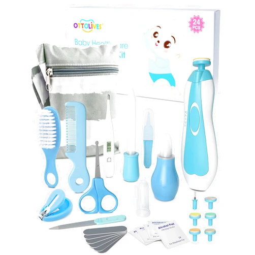 OTTOLIVES Baby Healthcare and Grooming Kit, 24 in 1 Baby Electric Nail Trimmer Set Newborn Nursery Health Care Set for Newborn Infant Toddlers Baby Boys Girls Kids Haircut Tools (0-3 Years+) (Blue)