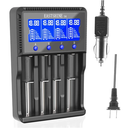 Rvntop Universal Smart Battery Charger 4 Bay for Rechargeable Batteries NiMH NiCd AA AAA C Li-ion LiFePO4 IMR 18650 21700 20700 26650 14500 16340 18500 10440 18350 RCR123a LCD Display UL Listed