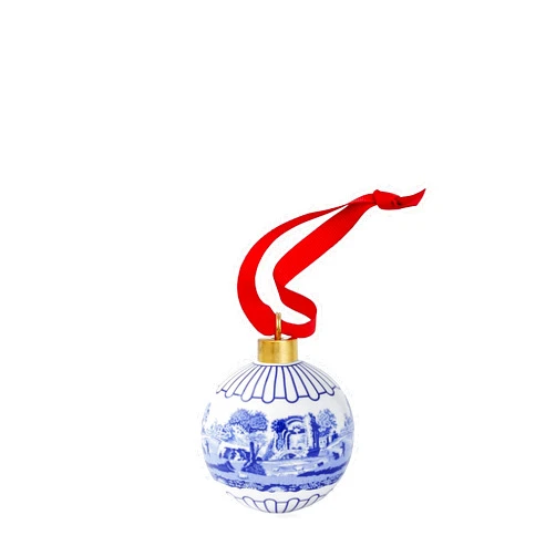 Spode Blue Italian Full Scene Bauble | Festive Porcelain Ornament with Red Ribbon - Hanging Ornament for Christmas Tree – Made of Porcelain (2.6-Inch)