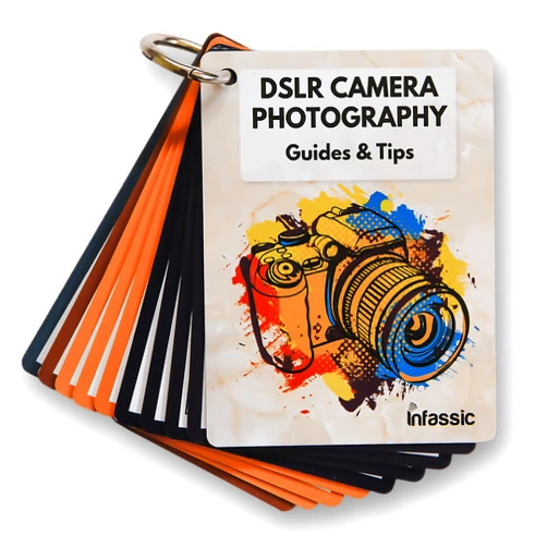 Infassic DSLR Camera Photography Cheat Sheet Cards - Photography Accessories for Canon, Nikon, Sony - Quick Reference Flashcards for Photographers - Exposure, Settings, Troubleshooting Guides & Tips - 4” x 3”
