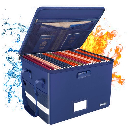 ENGPOW File Box with Lock, Fireproof Document Box with Zipper＆Pockets, Collapsible File Organizer Filing Storage Cabinet with Handle, Portable Home Office Safe for Hanging Letter/Legal Folder, Blue