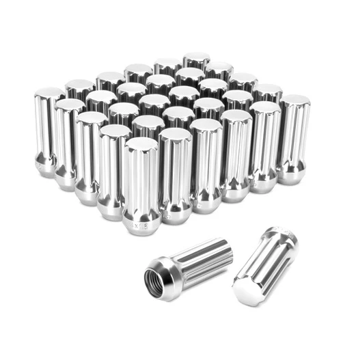 DYNOFIT 14mmx1.5 Wheel Lug Nuts, 32x Chrome M14x1.5 Lug Nut,Conical/Cone Bulge Seat, Closed End Long Extended XL Spline with 1 Socket Key Fits 8 Lug Aftermarket Wheels