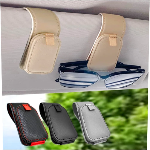 Teoenix Sunglass Holder for Car, 2 Pack Car Sunglass Holder Visor Clip Magnetic Leather Sun Glasses Eyeglass Hanger, Beige, Fit for Different Size Eyeglasses