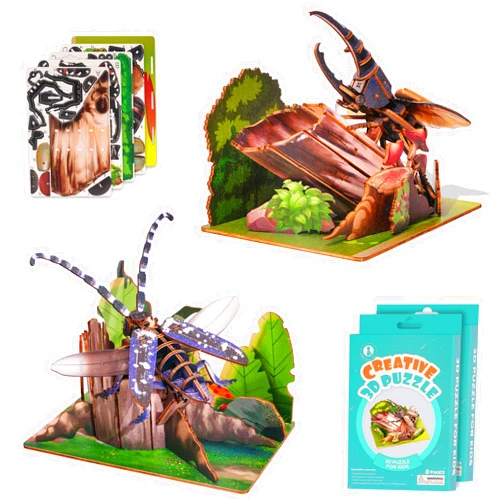 ELX Wooden 3D Puzzles for Kids 6+, 2 PCS Colorful Beetle Tenebrae and Rowan Bugs with Rainforest Scene Wooden Models, Wood Building Postcard Kits DIY Wooden Crafts Stem Toys