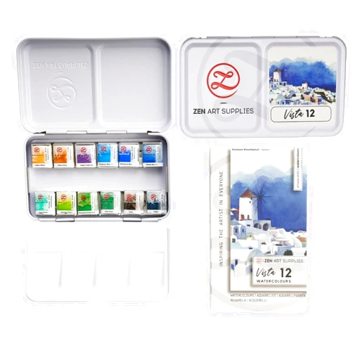 ZenART Supplies Professional Watercolor Paint Set for Adults - Vista - Non-Toxic 12 Half-Pan Set in Tin - Portable Travel Watercolor Set for Adults - Vibrant Water Color Paints for Artists On The Go - ZenART