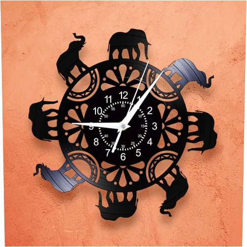 TIMEGLOW 12 Inch Elephant Clock, African Wildlife Elephant Animal Vinyl Record Wall Clock Silent Non Ticking Quartz Battery Operated Wall Watch Clock Elephant Family in Circle Decor for Elephant Room