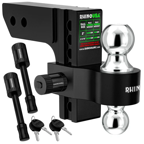 Rhino USA Adjustable Trailer Hitch (2.5-Inch Receiver) - Heavy Duty Aluminum Tow Hitches with 6-Inch Drop/Rise for Truck (18,500 LBS GTW) - Weatherproof Double Anti-Theft Locking Hitch Pins (Black)