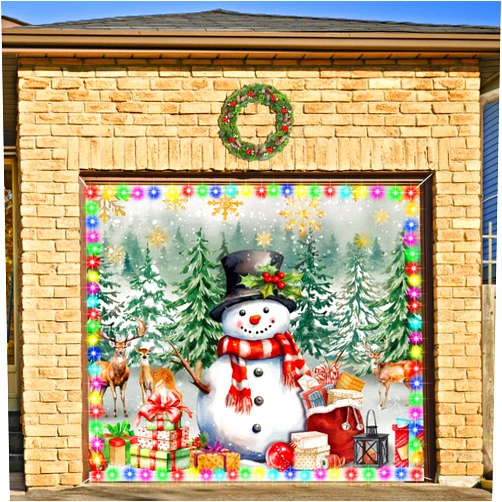 FuWeave Christmas Garage Door Banner Cover with LED String Light Battery Box Outdoor Large Xmas Snowman Garage Door Decors Winter Reindeer Backdrop for Wall Door House Party Decor(Snowman, 7x8ft)