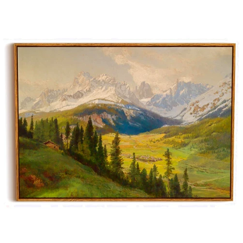 KISSFOX Vintage Framed Wall Art Decor Rustic Landscape Pictures Wall Decor Snow Mountain Valley Scenery Canvas Art Prints Forest Cottage Farmhouse Paintings Artwork For Bedroom Kitchen Living Room