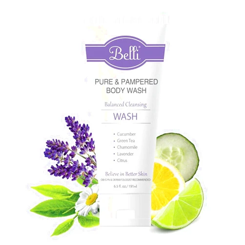 Belli Skincare Pure and Pampered Body Wash, Moisturizing Skin Cleanser, Contains Cucumber Green Tea Extracts, For All Skin Types, Dermatologist recommended, 6.5 Oz