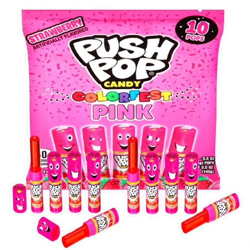 Push Pop Pink Candy Lollipops, 10 Ct Individually Wrapped Christmas Candy in Pink Strawberry Flavor, Full Size, Fun Lollipops For Stocking Stuffers, Party Favors, Birthday Parties, Goodie Bags