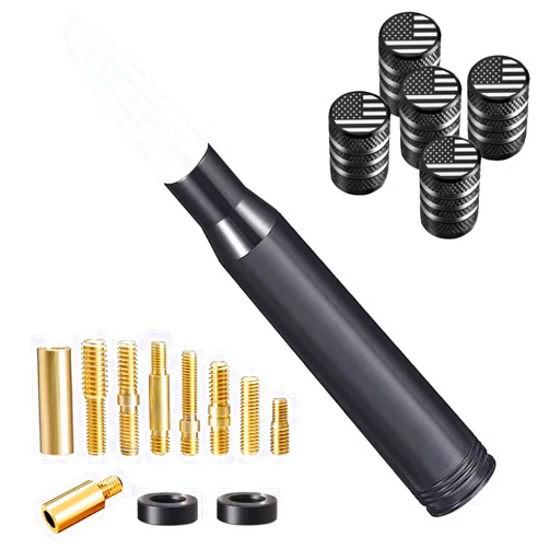 HVSTTPK Car Truck Bullet Antenna with Valve Stem Caps, Universal Antenna Mast for GM Chevy Silverado 1500 2500 3500 HD Avalanche Ford F150 F250 F350 Heavy Duty Pickup AM/FM Radio Jeep Accessories (Silver)
