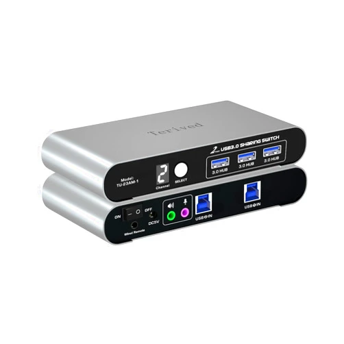 Terived USB 3.0 Switch for 2 Computers Sharing 3 USB Devices with Wired Remote, Audio and Microphone Port, Aluminum, Digital Display with Cables