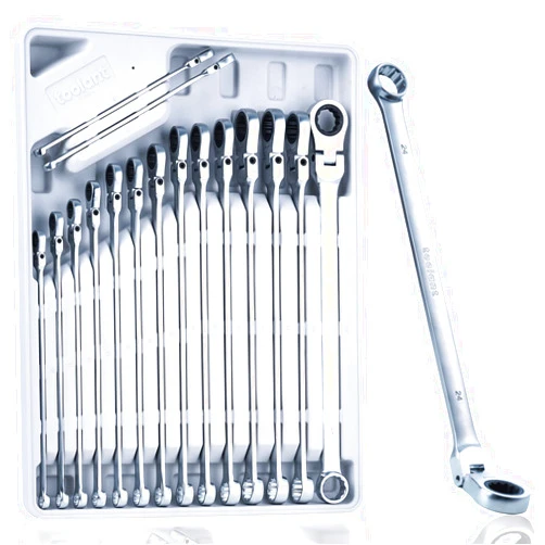 toolant Extra Long Ratcheting Wrench Set, Flex Head & Offset Fixed Head Double Box End Combination Wrench Set, CR-V Steel, Metric 8-19mm & 21-24mm, 16PCS with Storage Tray