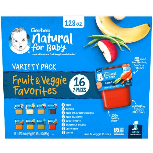 Gerber Purees 2nd Foods Veggie & Fruit Variety Pack, 8 Ounces, Box of 16 (Packaging May Vary)