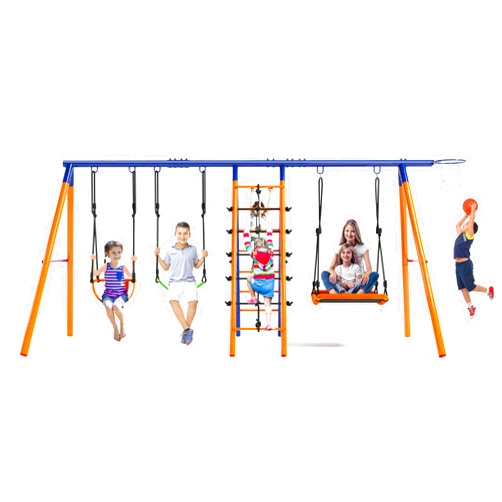 SIHANM Swing Sets for Backyard 700 lbs - 6 in 1 Multifunction Swing Set Outdoor for Kids Playground, Larger Heavy Duty Metal Swing Stand with 3 Adjustable Swings, Climbing Ladder and Net, Basketball Hoop