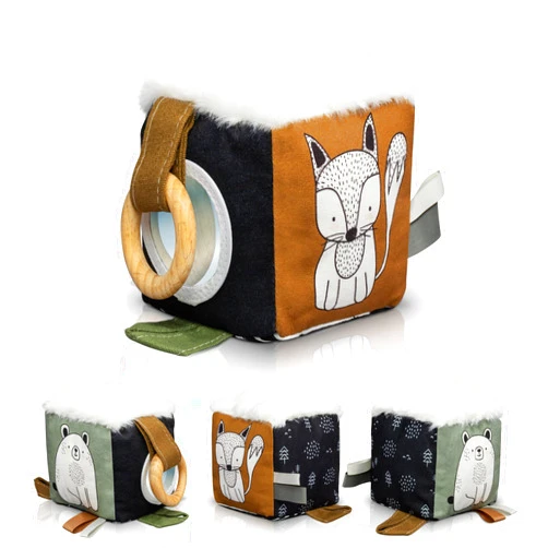 ZICOTO Soft Toy Block with Wooden Ring for Babies 0-3 and 0-6 Months - The Perfect High Contrast Activity Cube & Teething Toy with Tummy Time Mirror for Newborns - A Fun Sensory & Development Toy for Infants