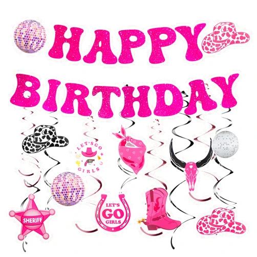 Zycozzn Western Cowgirl Party Hanging Decorations,Disco Cowgirl Birthday Party Decorations Hot Pink Happy Birthday Banner Disco Cowgirl Hanging Swirls Bachelorette Party Decor Supplies