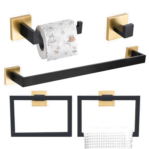 TURS 5-Pieces Bathroom Hardware Set Black and Gold Towel Bar Set with 2 Towel Ring Toilet Paper Holder and Towel Hook, Stainless Steel Black and Gold Towel Holder Set Wall Mount