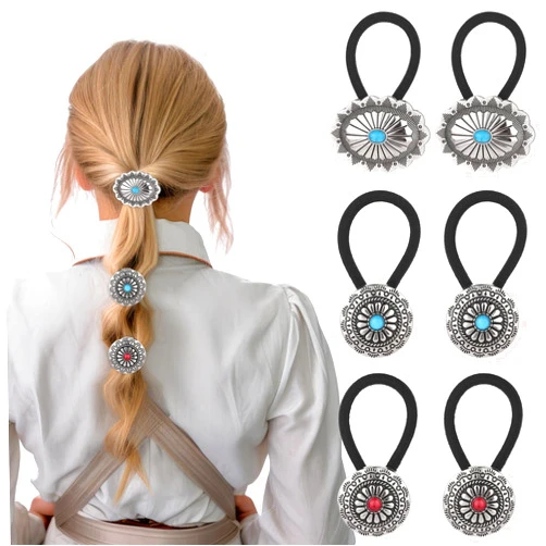 JIEYAO 6 Pcs Western Ponytail Holders, Boho Metal Hair Clips, Circular Flower Hair Ties Vintage Squash Blossom Hair Ropes Turquoise Concho Hair Bands for Women Girls Hair Decor Accessories