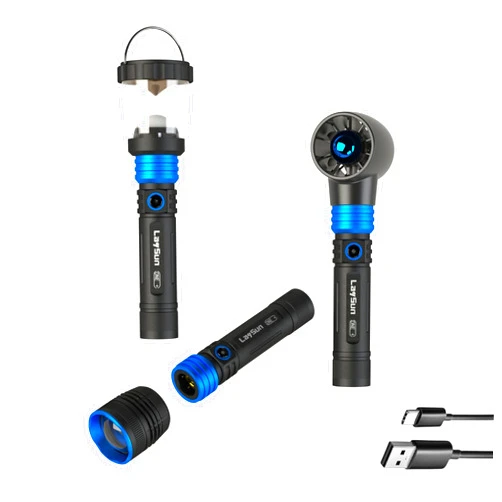 LaySun 3 in 1 Quick Connect Rechargeable 900LM High Bright Led Zoom Flashlight with Magnetic Base, Camping Light and Handheld Fan, 4000ma Battery and USB-C Charge