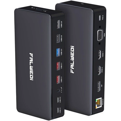 FALWEDI USB C Docking Station Dual Monitor, 16 in 1 Multiport Hub with Triple Display (2 HDMI, DP, VGA, 2 PD 100W & 18W, RJ45, USB C&A, SD/TF, Mic/Audio) Compatible for MacBook/Dell/HP/Lenovo Laptops Black