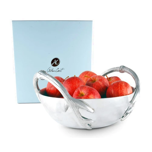 Arthur Court Designs Aluminum Deer Antler Handle Serving Fruit Salad Bowl Refined Rustic 10 inch Diameter 4.5 inch Tall