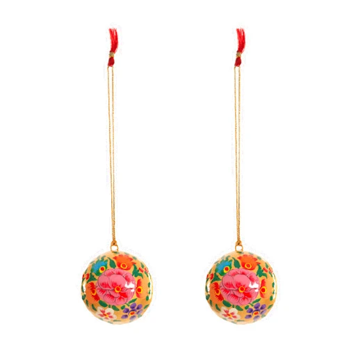 Tarini Gallery Christmas Hanging Handmade Paper Mache Decorative Xmas Tree Ornaments Décor with Hand Painted Floral Multicolour Design for Decoration and Gifting (Yellow Ball -Set of 2)