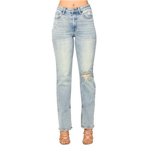 Judy Blue Women's High-Waist Destroyed Straight-Leg Jeans with Inseam Slit