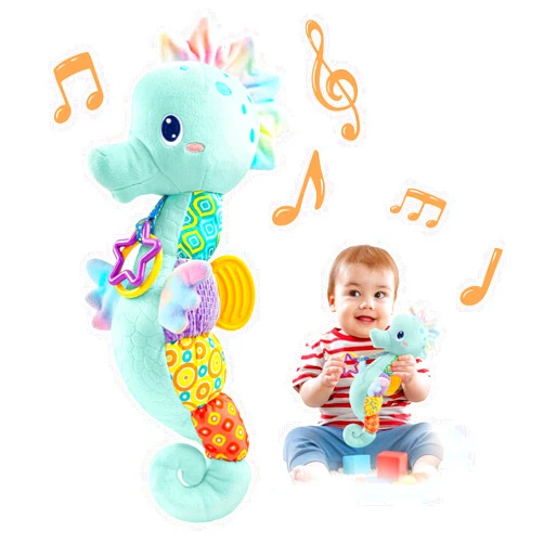 LIGHTDESIRE Baby Toys Musical Seahorse,Infant Stuffed Animal Toys with Crinkle and Rattles,Soft Sensory Toys with Textures for Tummy Time Newborn Boys Girls 0 3 6 12 Months(Blue)