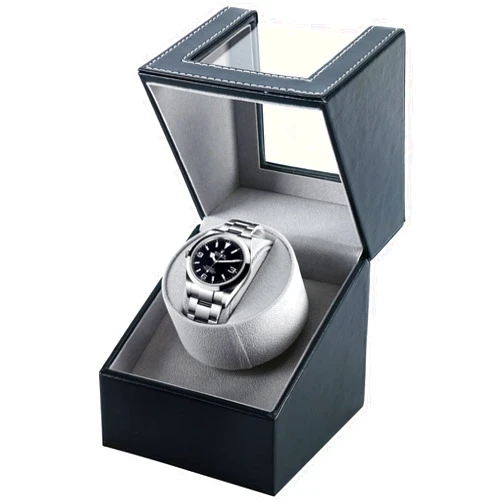 Homend Single Watch Winder in Black Leather, Quiet Japanese Mabuchi Motor, Battery (not Included) Powered or AC Adapter