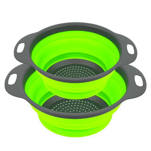 AUAUY 2 PCS Collapsible Colander Set, Round Silicone Folding Colander with Plastic Handles, Eco-Friendly Large Hole Kitchen Strainer for Draining Pasta Vegetables Fruits-1 Large and 1 Small