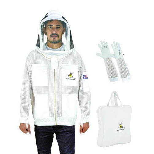 BEEPROGEAR.COM BeeProGear 3-layer Ultra Mesh Beekeeping Jacket for Beekeepers |Fencing Veil Bee Jacket for uni-sex with Sting-Proof Leather gloves and bag (White, Large)