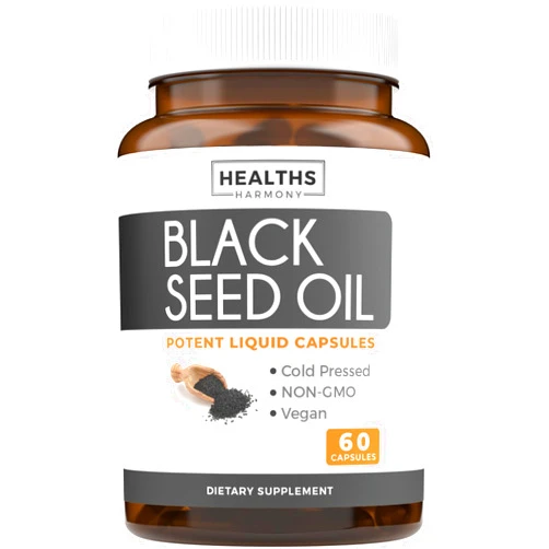 Healths Harmony Black Seed Oil - 60 Softgel Capsules (Non-GMO & Vegan) Premium Cold-Pressed Nigella Sativa Producing Pure Black Cumin Seed Oil with Vitamin E - 500mg Each, 1000mg Per 2 Capsule Serving