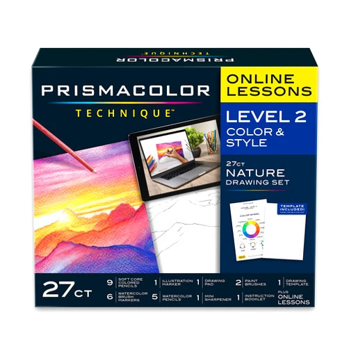Prismacolor Technique, Art Supplies and Digital Art Lessons, Nature Drawing Set, Level 2, Watercolor Pencils, Brush Markers, and More, Sunset Landscape Drawing, 27 Count