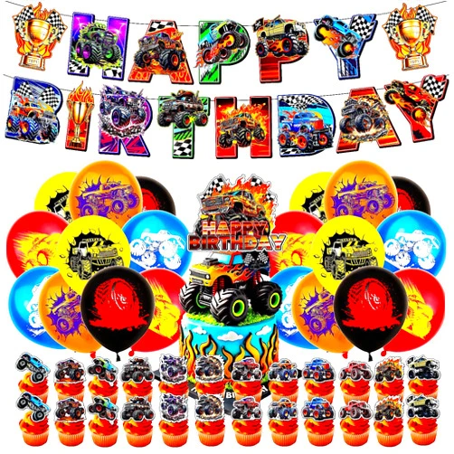 Tesitehi Monster Truck Birthday Decorations, Party Decoration Supplies Included Birthday banner, Cake Topper, Cupcake Topper, Blaze Balloons Truck Birthday Decor for Boys