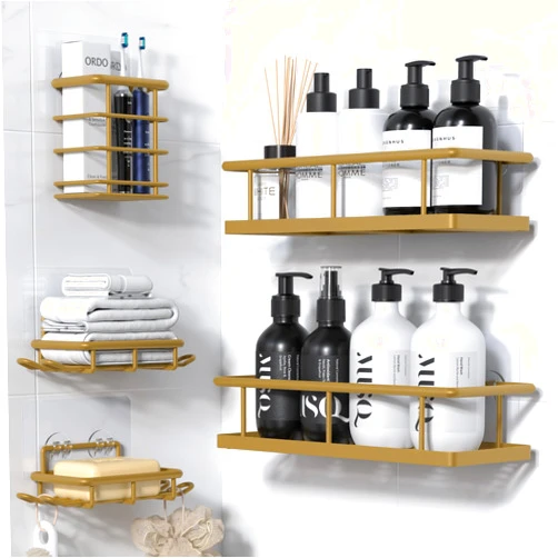 YASONIC Shower Caddy Adhesive 5 Pack, No Drill Bathroom Shower Organizers with Removable Hooks, Rust Proof Shower Shelves for Inside Shower, Wall-Mounted Shower Holder, Gold